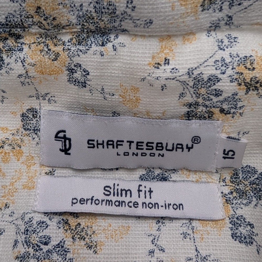 NWT Shaftesbury London Button Down Mens 15 White Blue Floral Slim Fit Non-Iron - Picture 3 of 7